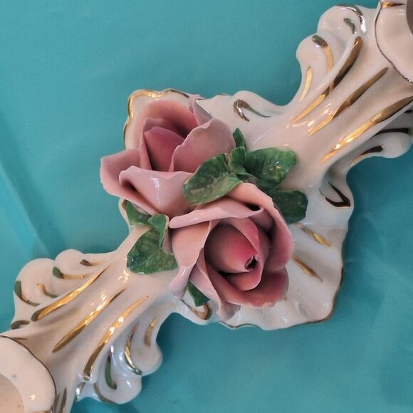 Vintage Dresden Double Candelabra Roses Candlestick Holder Capodimonte Style - Picture 3 of 14
